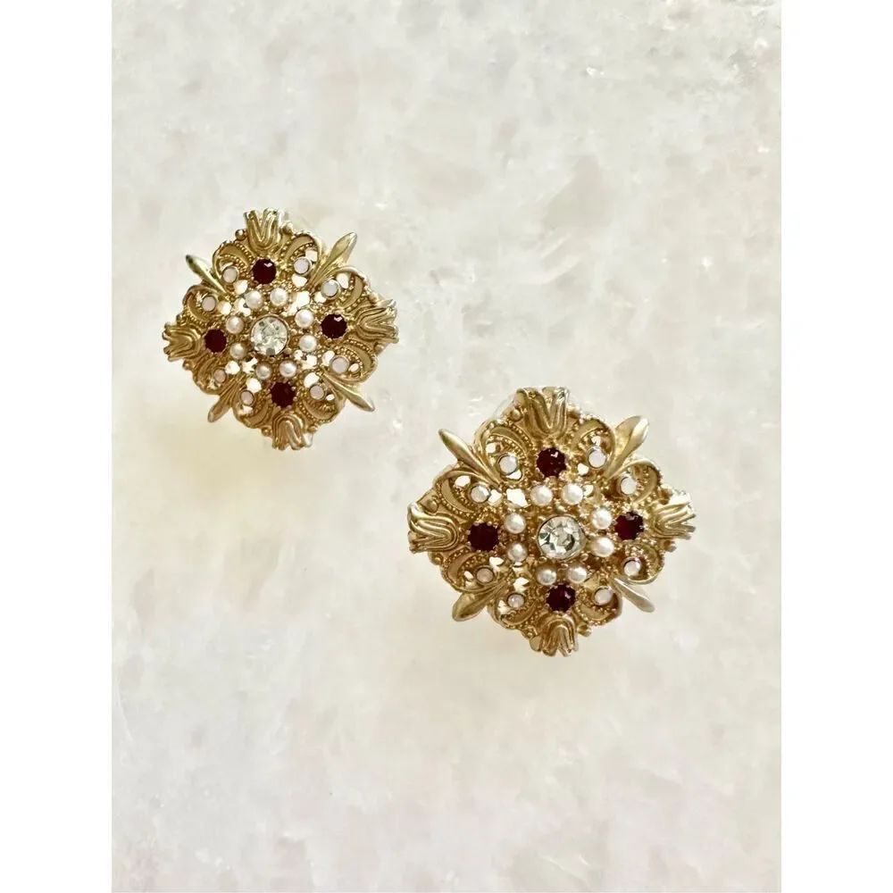 Antique Style Royal Pearl Stud Earrings Ruby Embellishments 1” Regal